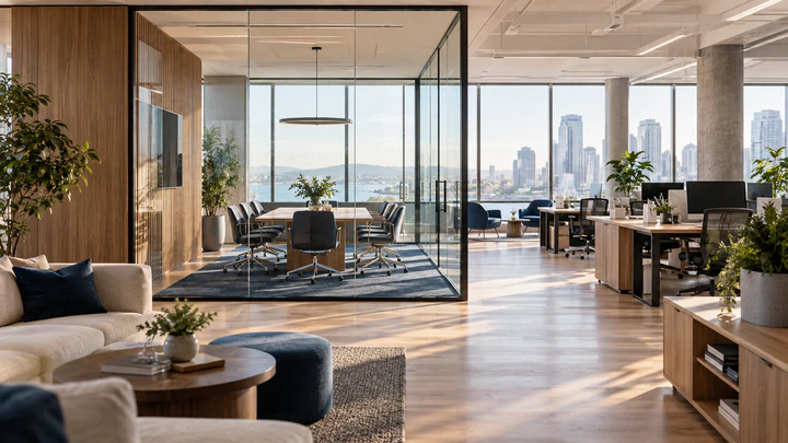 A contemporary technology office with shared work areas