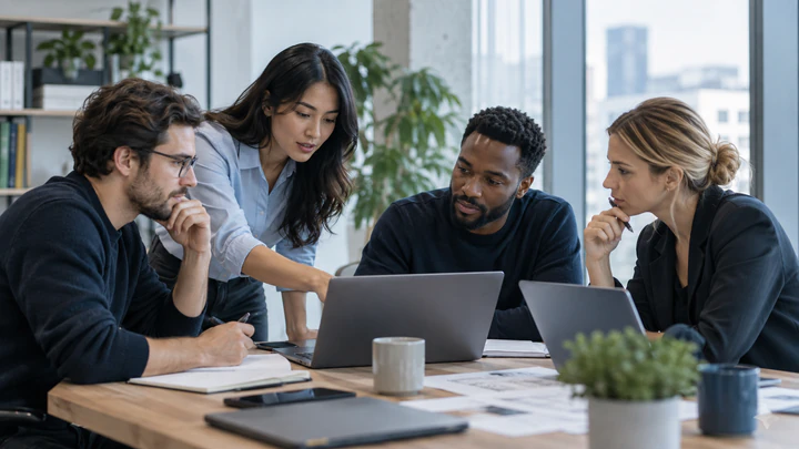 A technology team reviewing product work together