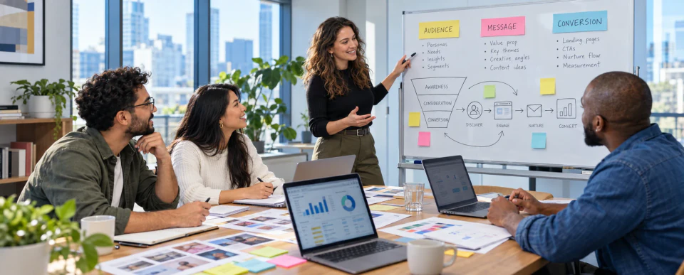 Four digital marketing strategists planning audiences, campaign messages and conversion journeys around a shared table