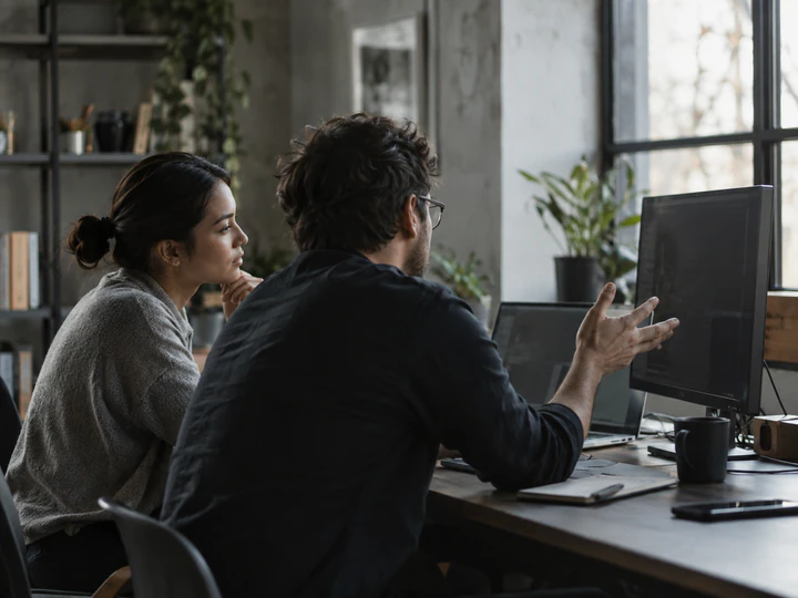 Two professionals discussing a technology project at a workstation.