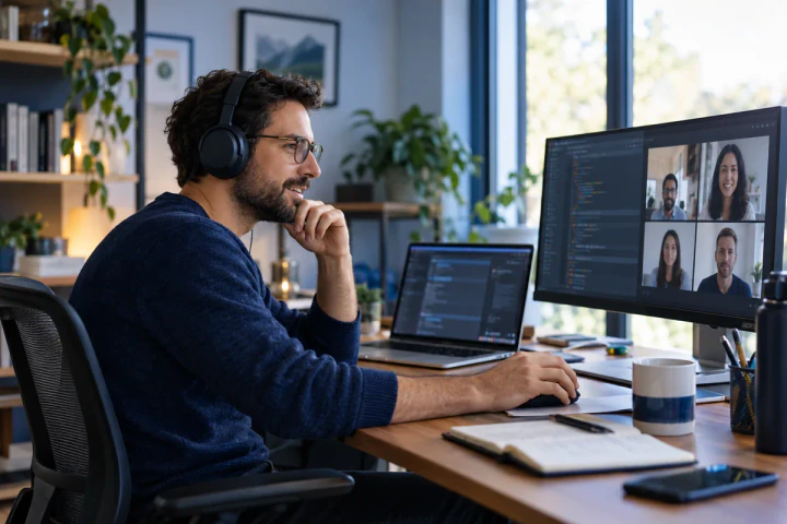 Remote developer collaborating with teammates from a home office