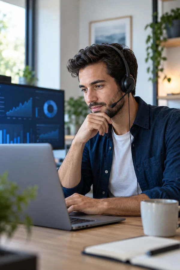 Remote customer and data specialist working with a headset