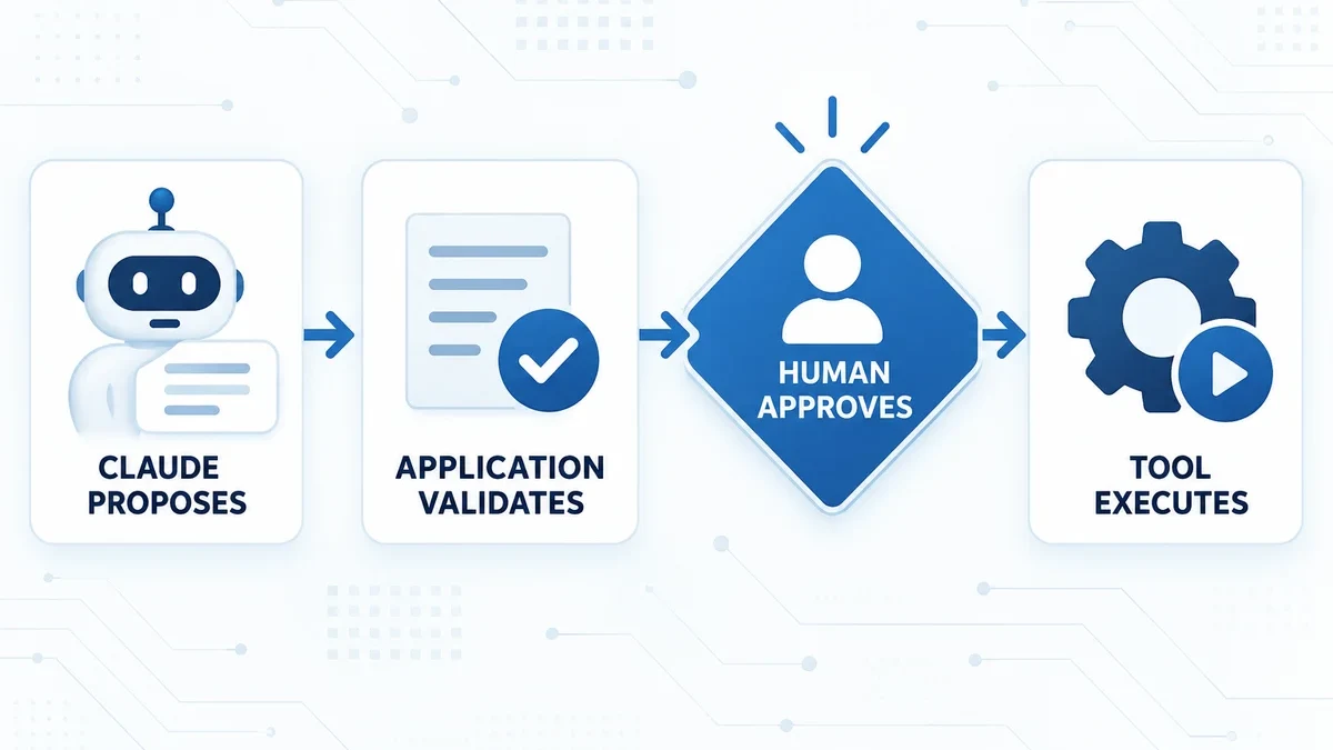 Guardrail flow where Claude proposes, the application validates, a human approves and a tool executes