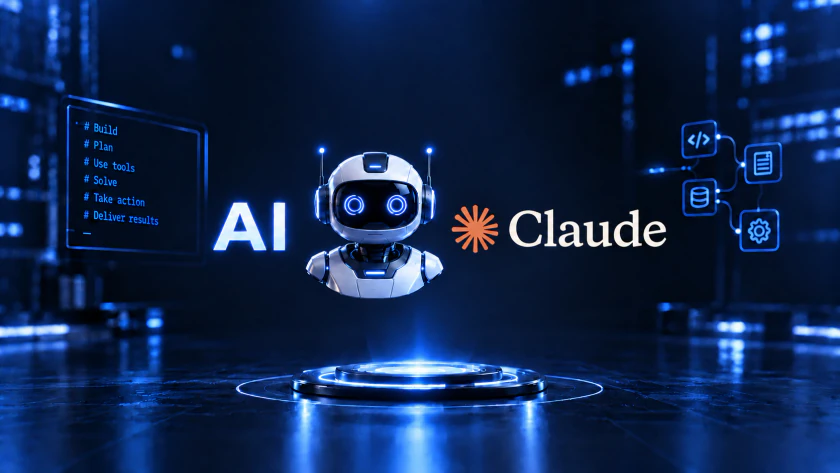 AI, a robot agent and Claude in a technology environment