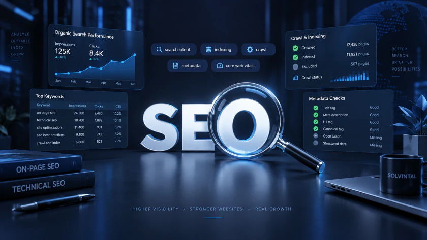 SEO and a magnifying glass surrounded by technical search data
